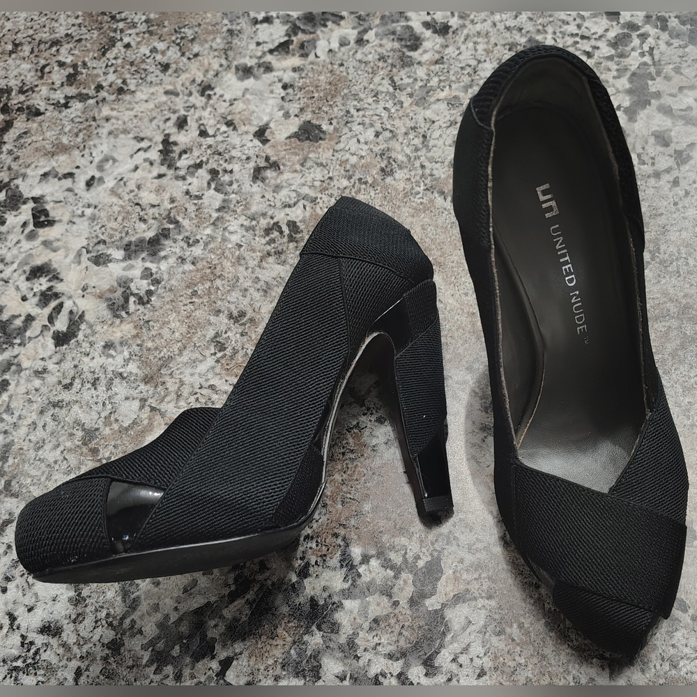 UNITED NUDE Black Leather & Cloth 4" Heel Pump Shoes Sz 5.5/6 - Picture 2 of 9